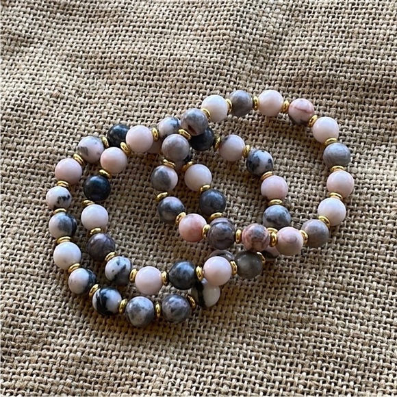 Pink Zebra Stone stackable bracelets Lot 3 Elastic Stretch Size 7 inch New - Picture 5 of 6